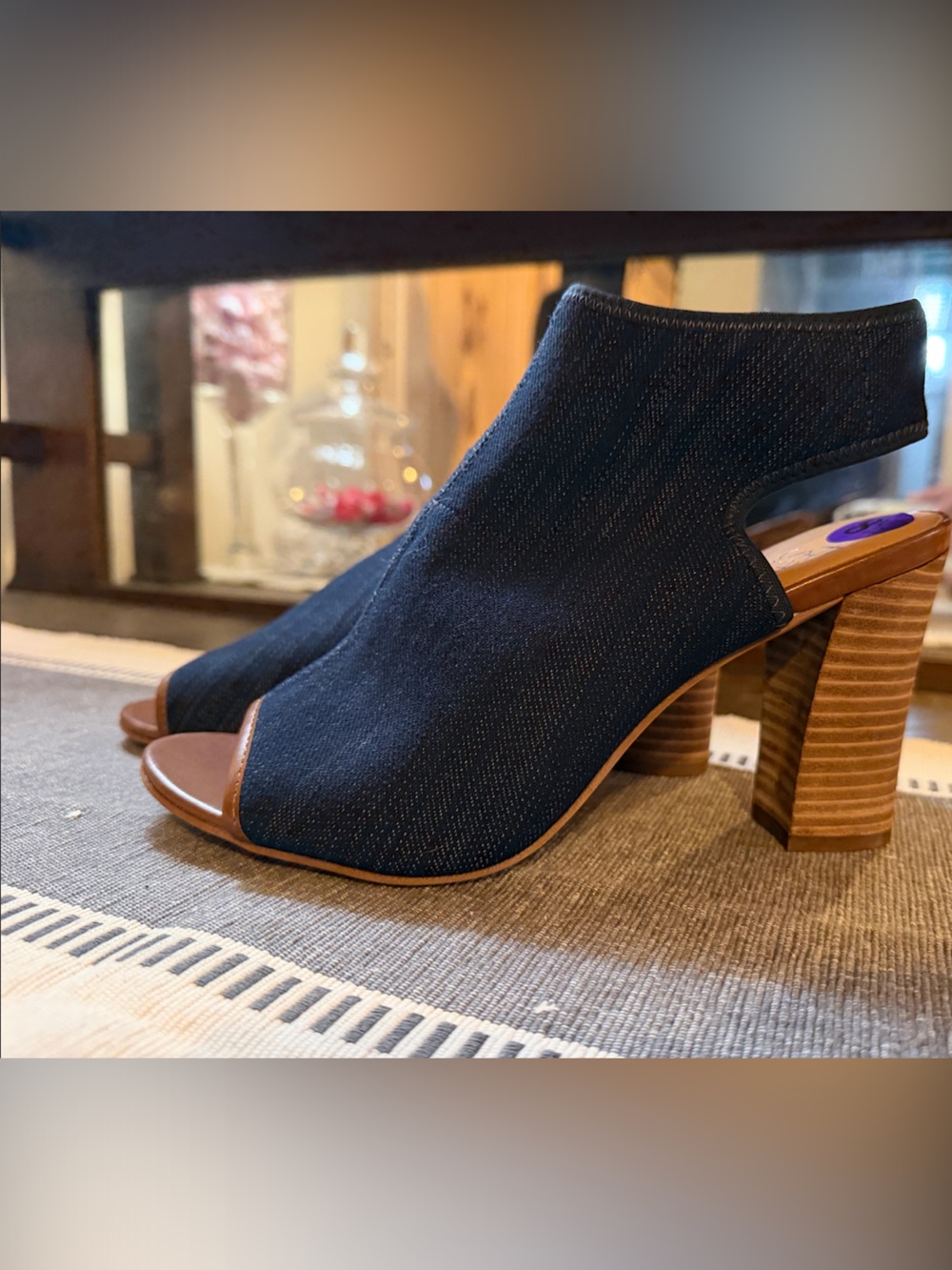 Franco Sarto Black Denim Open-Toe Ankle Booties with Brown Stacked Heel